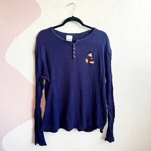 Vintage Mickey Mouse Thermal Henley Top 90s Y2K 2000s Disneyland Medium